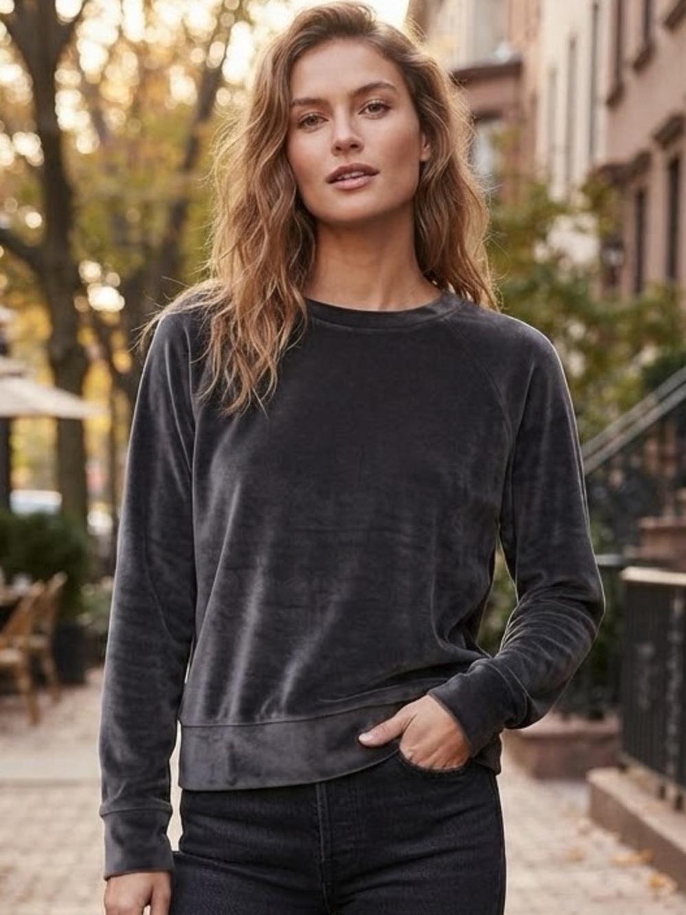 Double Zero Velvet Crewneck Sweatshirt in Charcoal Gray